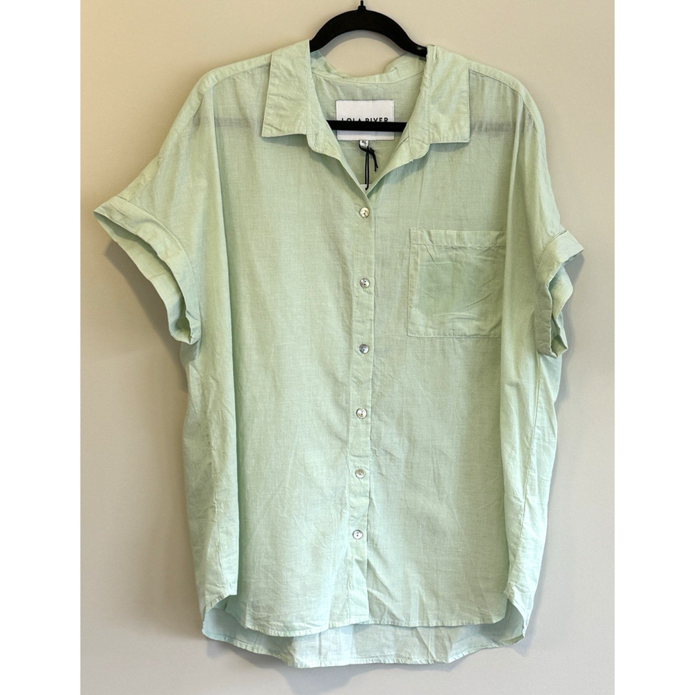 Lola River Jeremy Green Fig Women’s Blouse Size XL Short Sleeve 100% Cotton NWT